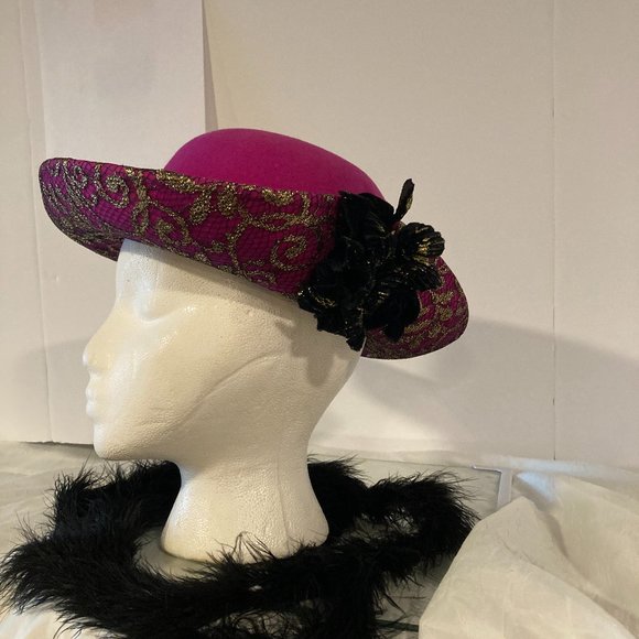 Fuchsia Fedora Hat Medium Brim  Scarlet Black Rose - Picture 4 of 5